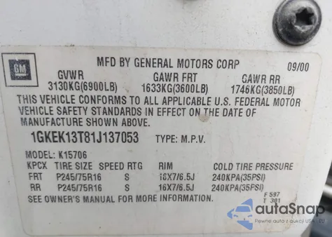 2001 GMC Yukon Slt z USA, uszkodzony, nr VIN 1GKEK13T81J137053